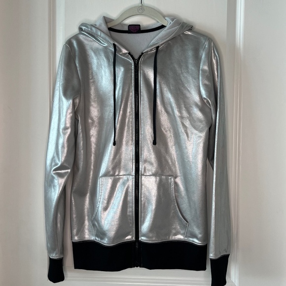 Material Girl Silver Metallic Zip Hoodie Size M – Shiny Activewear Jacket - Picture 1 of 11